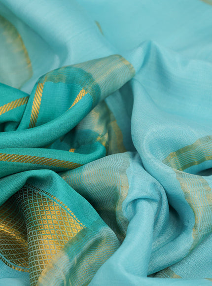 Pure mysore silk saree teal green shade and light blue with allover zari strips pattern and long digital printed border