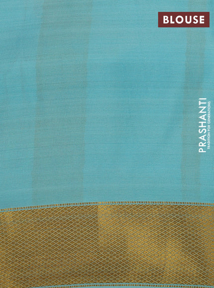 Pure mysore silk saree teal green shade and light blue with allover zari strips pattern and long digital printed border