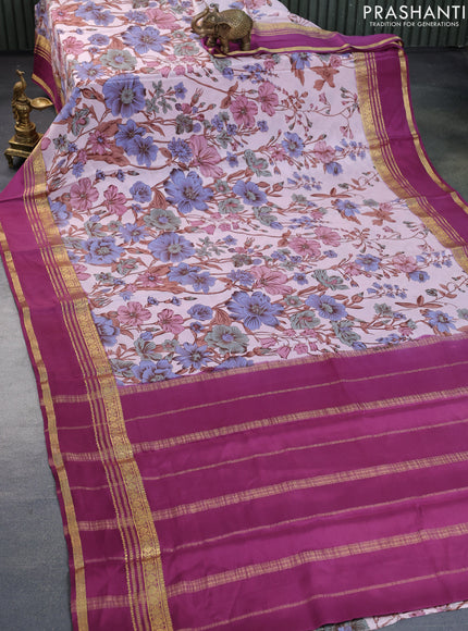 Pure mysore silk saree pastel peach shade and mauve pink with allover floral digital prints and rettapet zari woven border