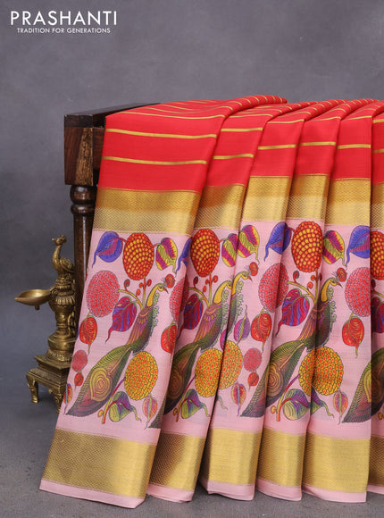 Pure mysore silk saree red and peach pink with allover zari strips pattern and long kalamkari digital printed border