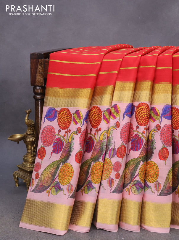 Pure mysore silk saree red and peach pink with allover zari strips pattern and long kalamkari digital printed border