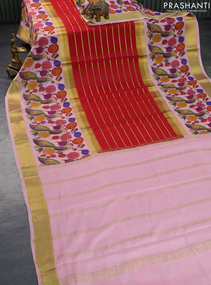 Pure mysore silk saree red and peach pink with allover zari strips pattern and long kalamkari digital printed border