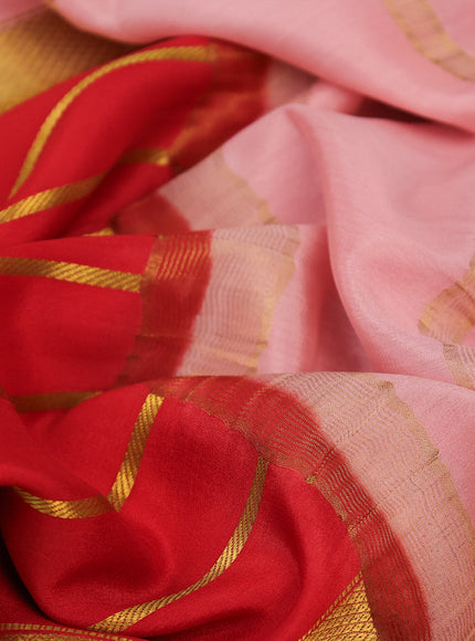 Pure mysore silk saree red and peach pink with allover zari strips pattern and long kalamkari digital printed border