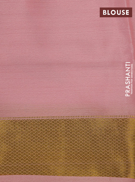 Pure mysore silk saree red and peach pink with allover zari strips pattern and long kalamkari digital printed border