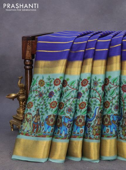 Pure mysore silk saree navy blue and pastel green with allover zari strips pattern and long kalamkari digital printed border