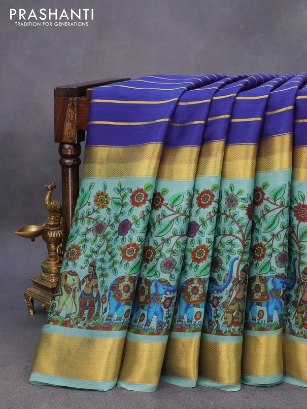 Pure mysore silk saree navy blue and pastel green with allover zari strips pattern and long kalamkari digital printed border