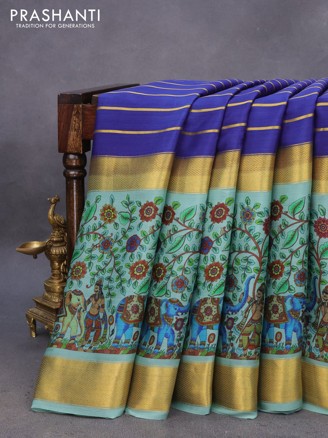 Pure mysore silk saree navy blue and pastel green with allover zari strips pattern and long kalamkari digital printed border