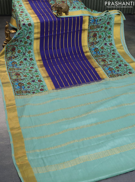 Pure mysore silk saree navy blue and pastel green with allover zari strips pattern and long kalamkari digital printed border