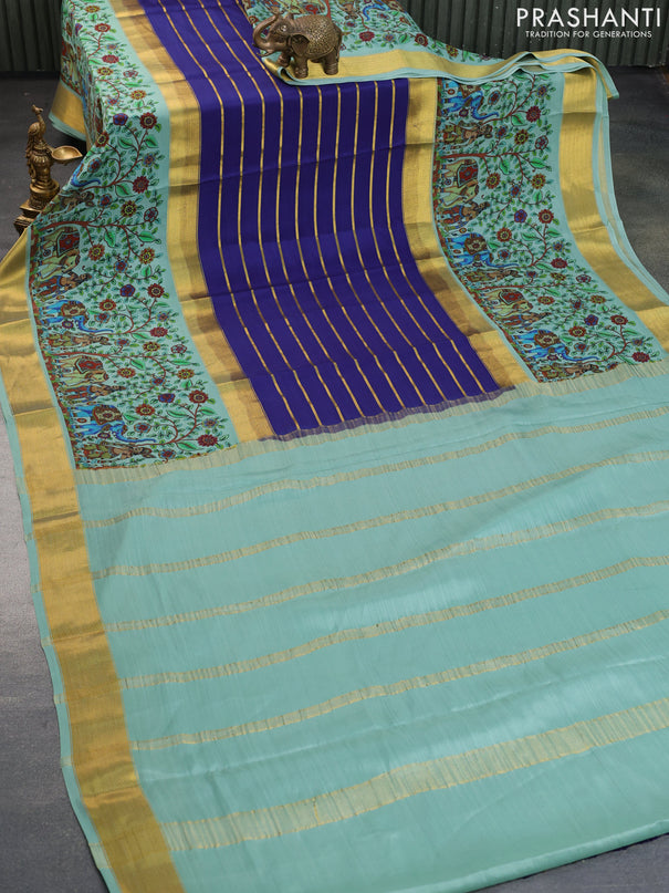 Pure mysore silk saree navy blue and pastel green with allover zari strips pattern and long kalamkari digital printed border