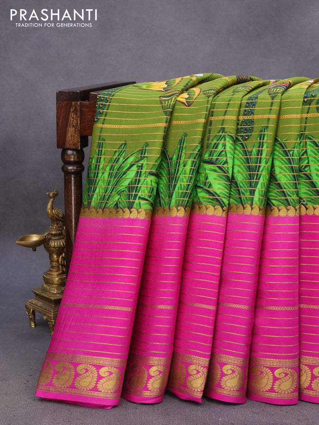 Pure mysore silk saree sap green and pink with allover zari weaves & digital prints and long paisley zari woven border