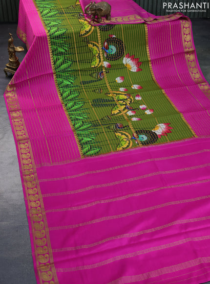 Pure mysore silk saree sap green and pink with allover zari weaves & digital prints and long paisley zari woven border