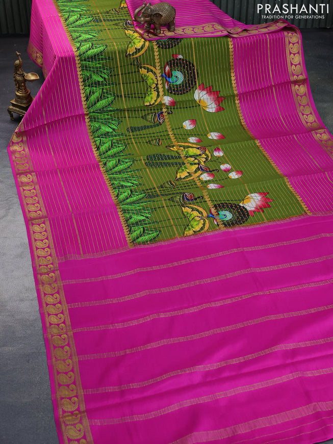 Pure mysore silk saree sap green and pink with allover zari weaves & digital prints and long paisley zari woven border