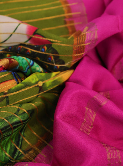 Pure mysore silk saree sap green and pink with allover zari weaves & digital prints and long paisley zari woven border