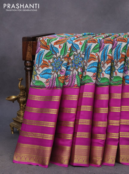 Pure mysore silk saree grey and purple with allover kalamkari digital prints and long zari woven border