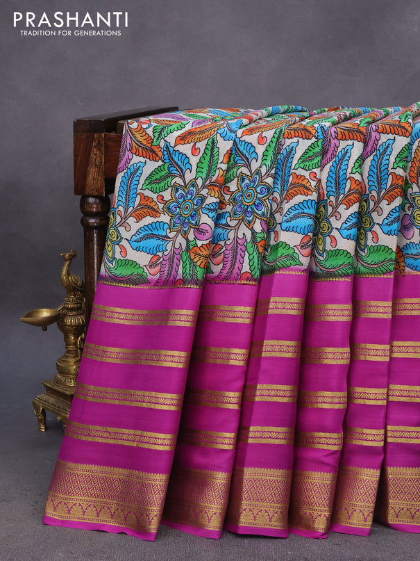 Pure mysore silk saree grey and purple with allover kalamkari digital prints and long zari woven border