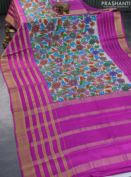 Pure mysore silk saree grey and purple with allover kalamkari digital prints and long zari woven border