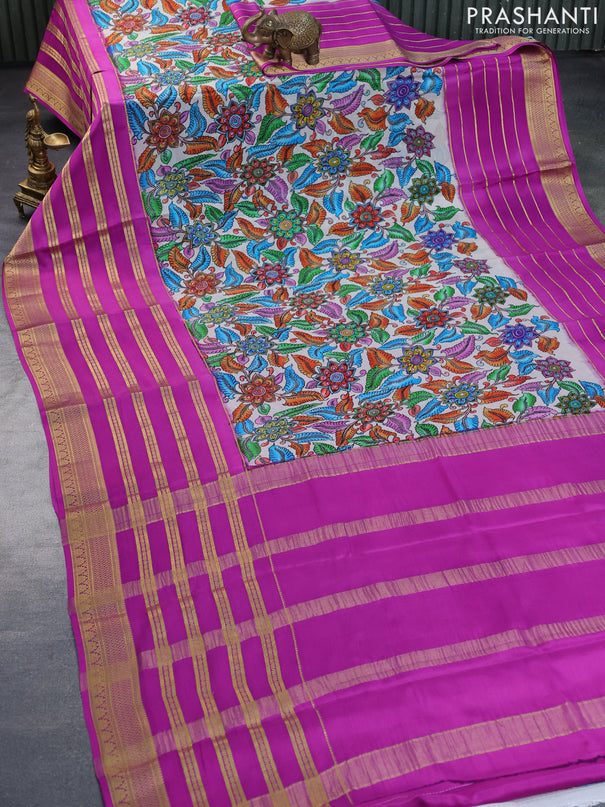 Pure mysore silk saree grey and purple with allover kalamkari digital prints and long zari woven border