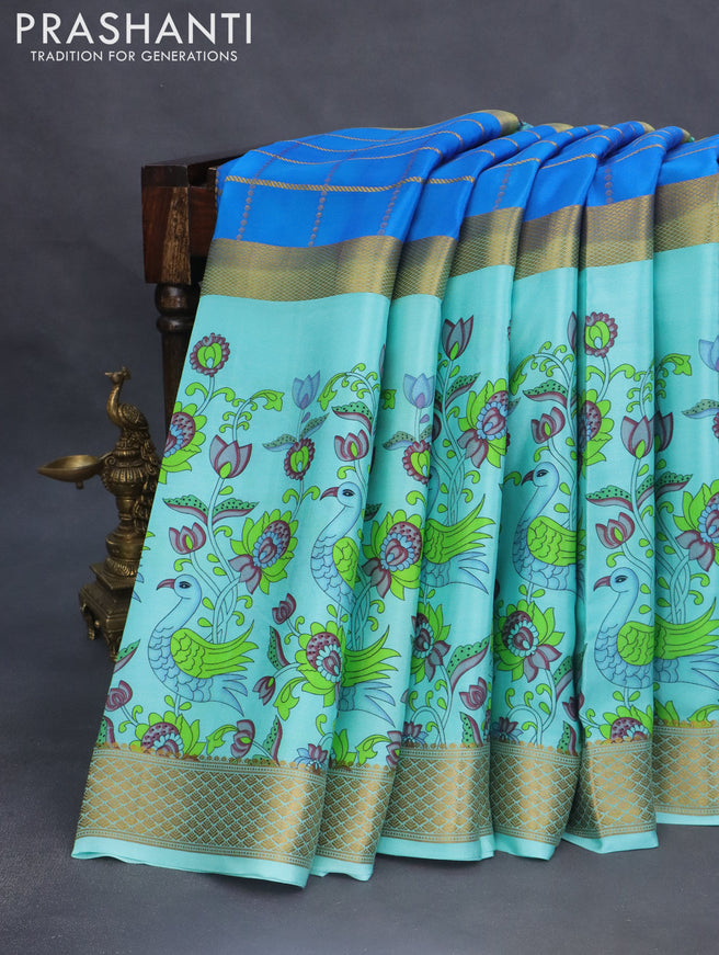 Pure mysore silk saree blue and teal blue shade with zari checked pattern and long zari woven kalamkari printed border