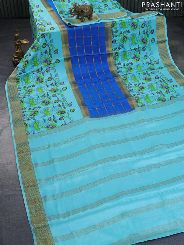 Pure mysore silk saree blue and teal blue shade with zari checked pattern and long zari woven kalamkari printed border