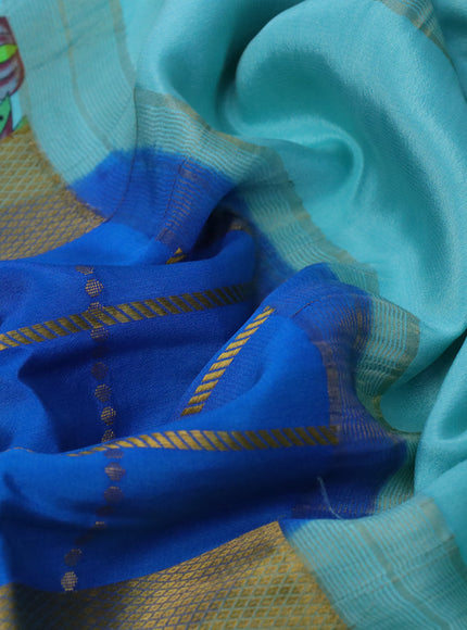 Pure mysore silk saree blue and teal blue shade with zari checked pattern and long zari woven kalamkari printed border