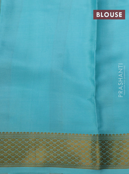 Pure mysore silk saree blue and teal blue shade with zari checked pattern and long zari woven kalamkari printed border