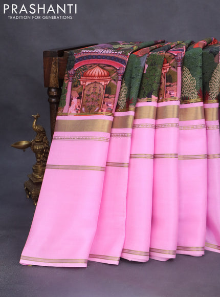 Pure mysore silk saree sap green and light pink with kalakmari prints and long rettapet zari woven border