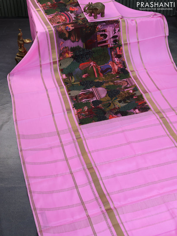 Pure mysore silk saree sap green and light pink with kalakmari prints and long rettapet zari woven border