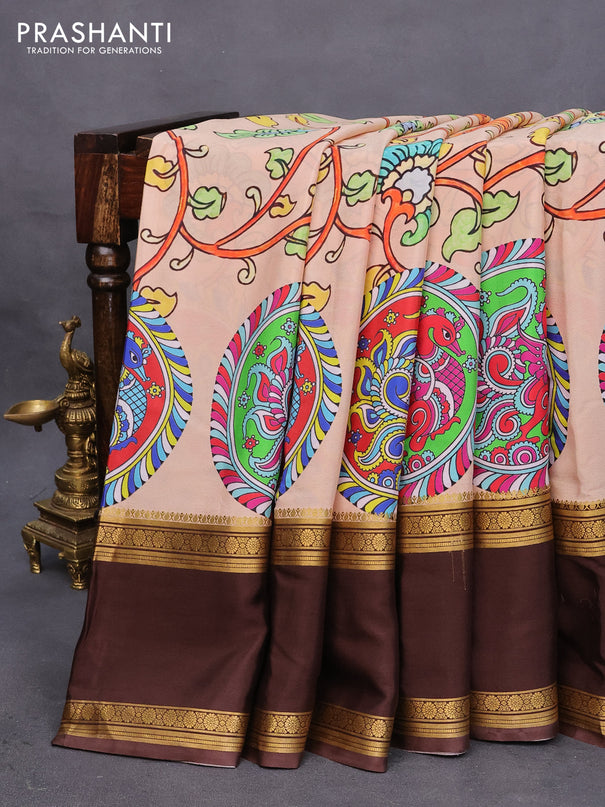 Pure mysore silk saree sandal and brown with allover kalamkari digital prints and long rettapet zari woven border