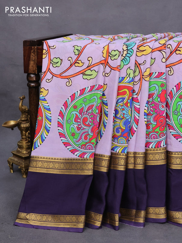 Pure mysore silk saree lavender shade and blue with allover kalamkari digital prints and long rettapet zari woven border