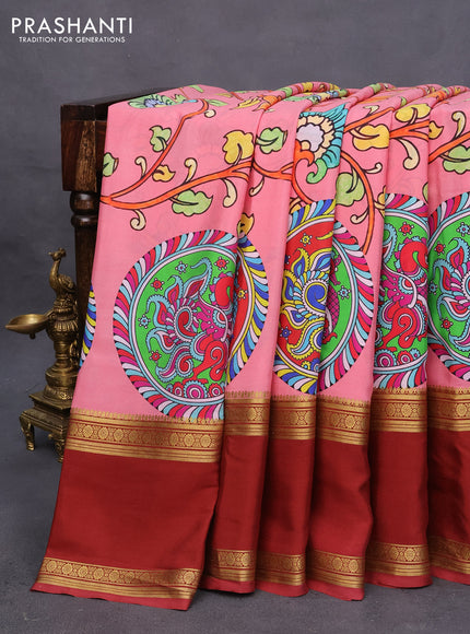 Pure mysore silk saree pink shade and maroon with allover kalamkari digital prints and long rettapet zari woven border