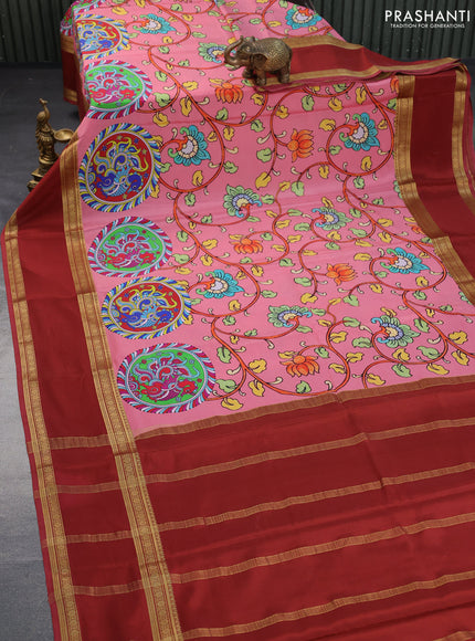 Pure mysore silk saree pink shade and maroon with allover kalamkari digital prints and long rettapet zari woven border