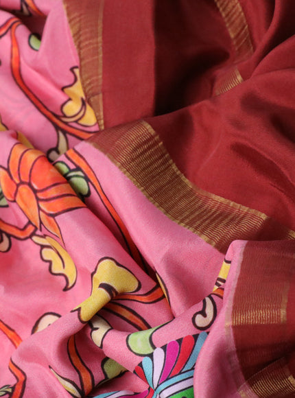 Pure mysore silk saree pink shade and maroon with allover kalamkari digital prints and long rettapet zari woven border