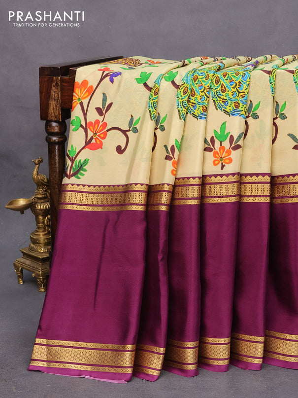 Pure mysore silk saree sandal and purple with allover kalamkari digital prints and long rettapet zari woven border