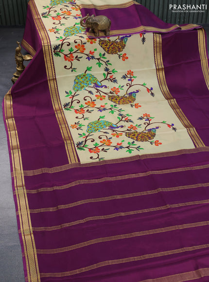 Pure mysore silk saree sandal and purple with allover kalamkari digital prints and long rettapet zari woven border