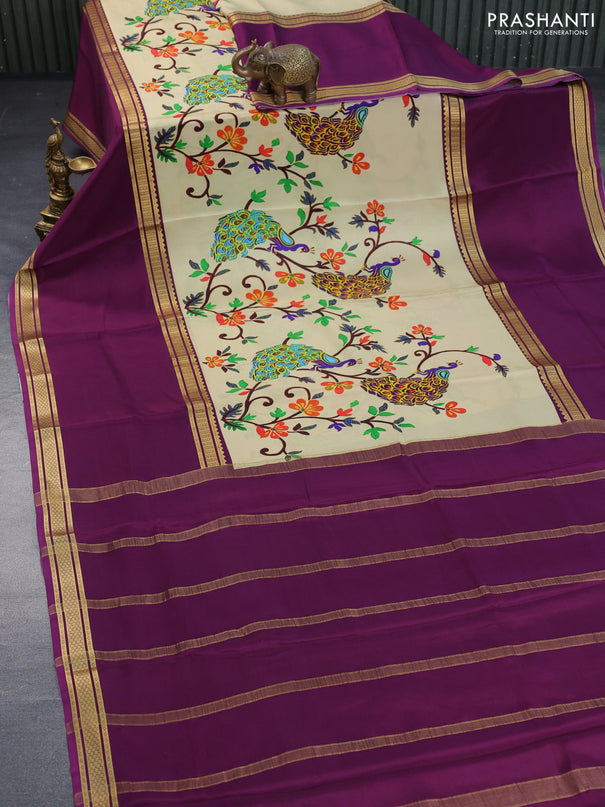 Pure mysore silk saree sandal and purple with allover kalamkari digital prints and long rettapet zari woven border