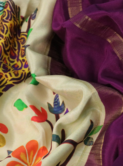 Pure mysore silk saree sandal and purple with allover kalamkari digital prints and long rettapet zari woven border