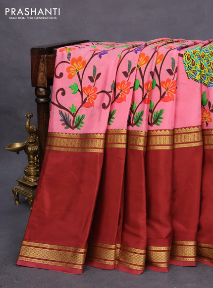 Pure mysore silk saree pink shade and rust shade with allover kalamkari digital prints and long rettapet zari woven border