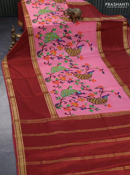 Pure mysore silk saree pink shade and rust shade with allover kalamkari digital prints and long rettapet zari woven border