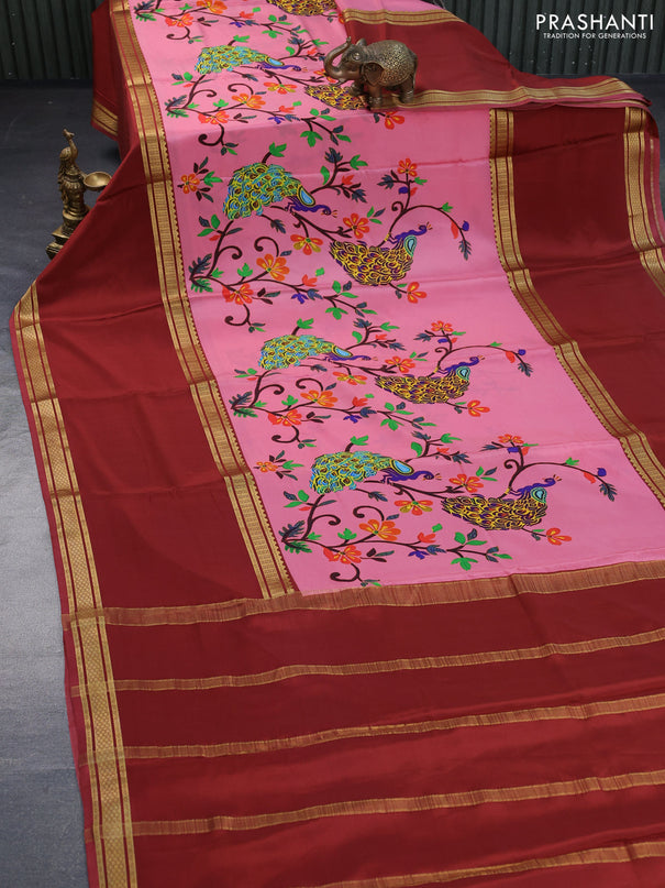 Pure mysore silk saree pink shade and rust shade with allover kalamkari digital prints and long rettapet zari woven border