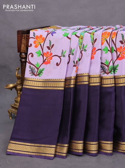 Pure mysore silk saree lavender shade and dark blue with allover kalamkari digital prints and long rettapet zari woven border