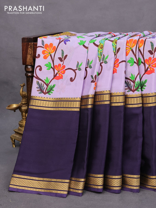 Pure mysore silk saree lavender shade and dark blue with allover kalamkari digital prints and long rettapet zari woven border