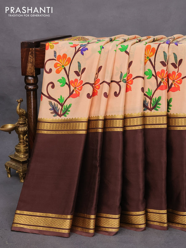 Pure mysore silk saree sandal and coffee brown with allover kalamkari digital prints and long rettapet zari woven border