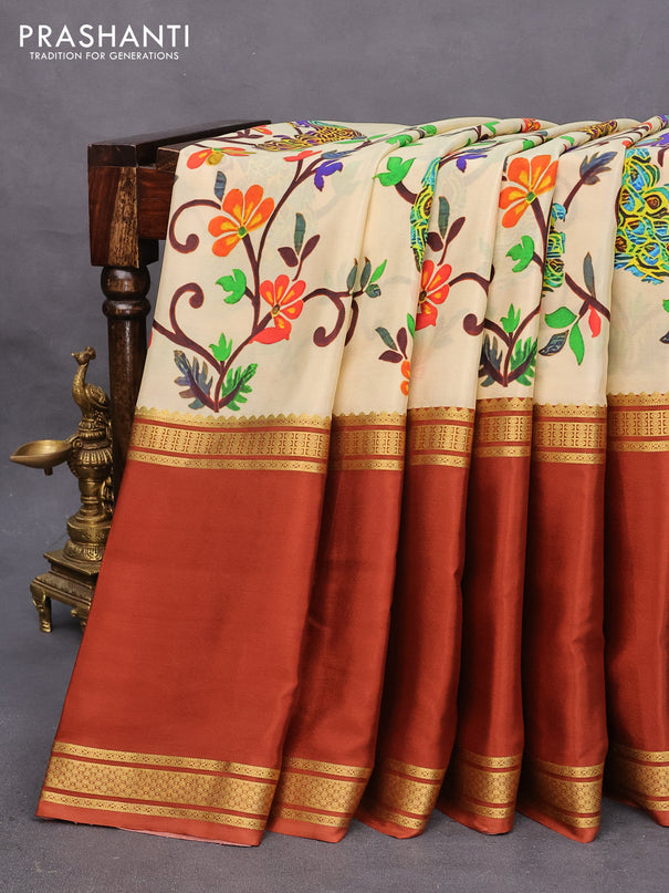 Pure mysore silk saree cream and rust shade with allover kalamkari digital prints and long rettapet zari woven border