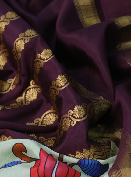 Pure mysore silk saree wine shade and pastel green with zari weaves and long rettapet zari woven border