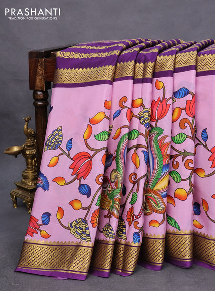 Pure mysore silk saree violet and lotus pink with zari weaves and long kalamkari digital printed border