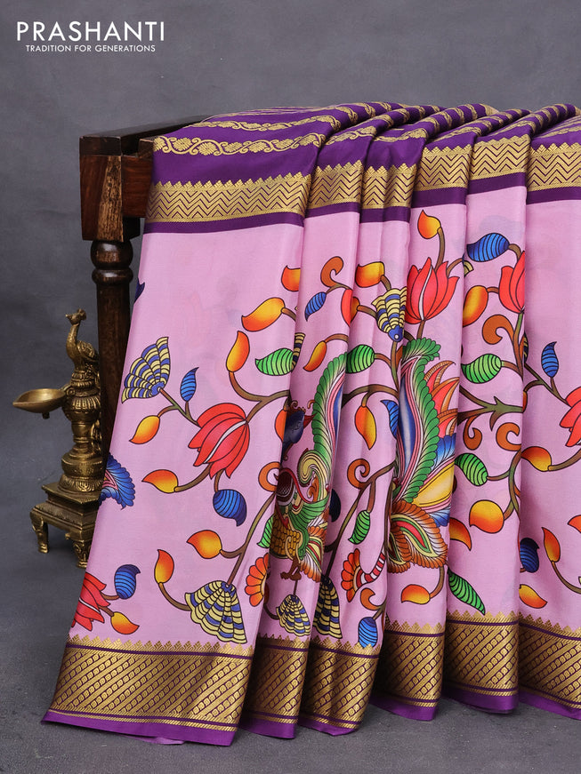 Pure mysore silk saree violet and lotus pink with zari weaves and long kalamkari digital printed border