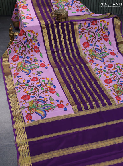 Pure mysore silk saree violet and lotus pink with zari weaves and long kalamkari digital printed border