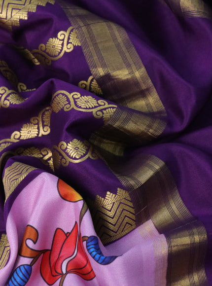 Pure mysore silk saree violet and lotus pink with zari weaves and long kalamkari digital printed border