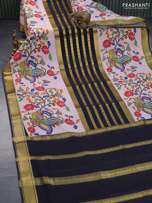 Pure mysore silk saree black and pastel shade with zari weaves and long kalamkari digital printed border