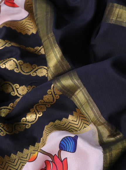 Pure mysore silk saree black and pastel shade with zari weaves and long kalamkari digital printed border